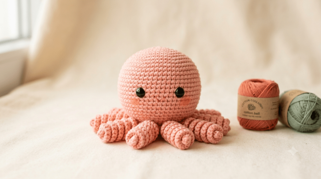Crochet octopus pattern with adorable pink amigurumi plush for beginners.
