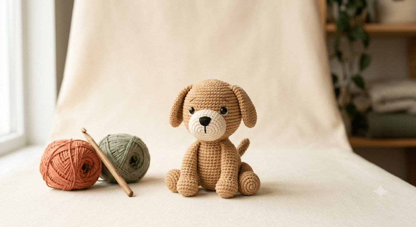 Crochet dog pattern free beginner amigurumi puppy made with soft yarn.