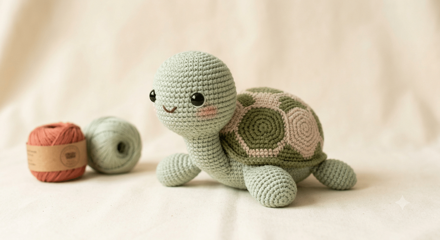 Crochet turtle pattern free – realistic green amigurumi turtle with textured shell on cream background
