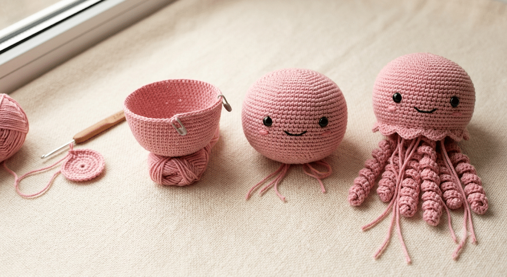Crochet jellyfish pattern step by step process