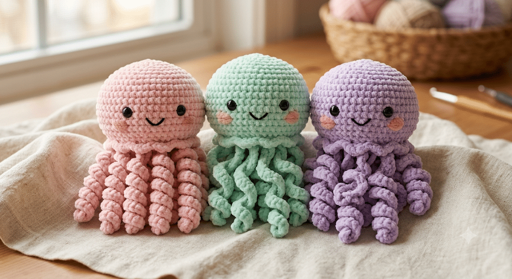 Cute crochet jellyfish with curly tentacles