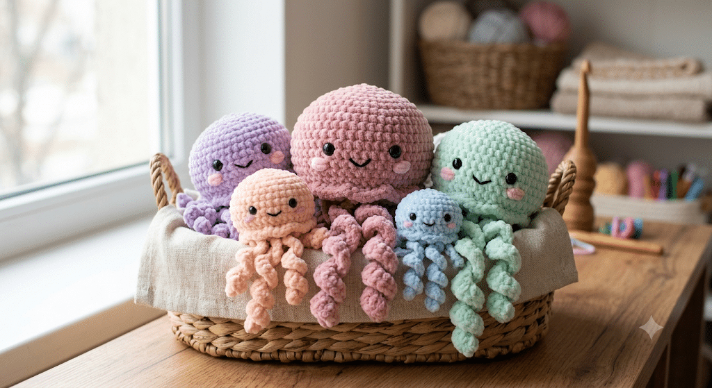 Finished crochet jellyfish amigurumi collection