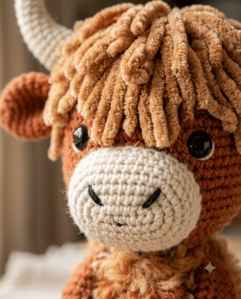 highland cow crochet pattern face with safety eyes and muzzle