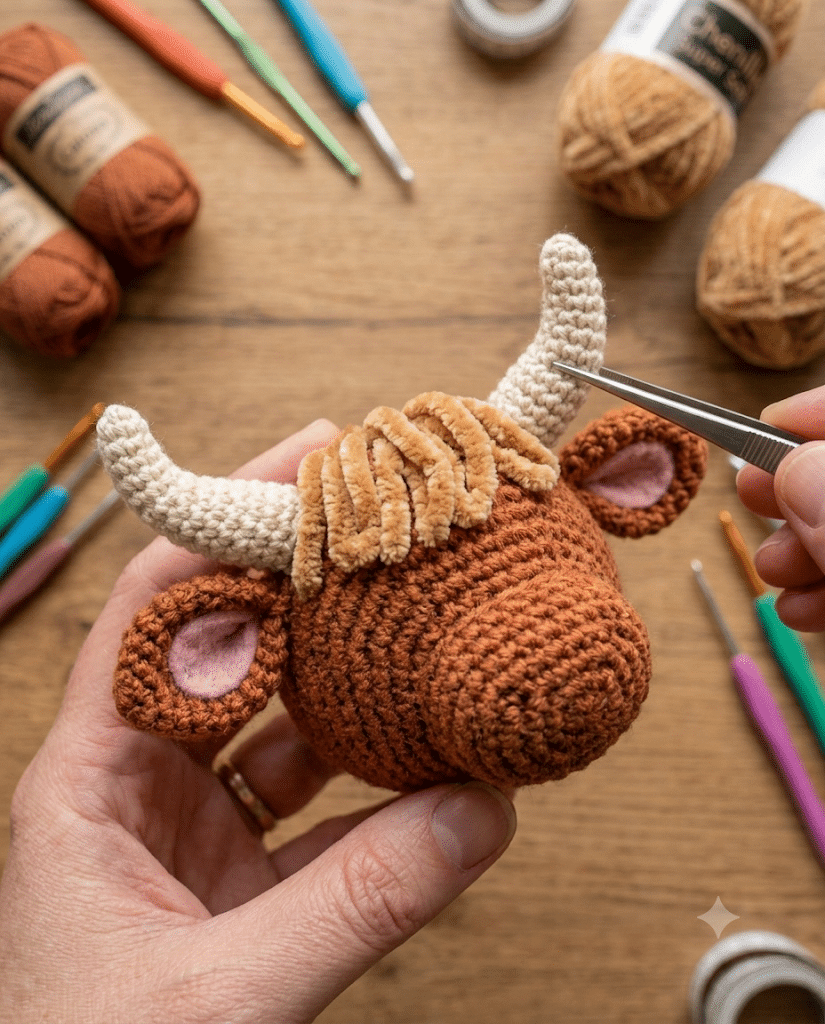 highland cow crochet horns and ears detail