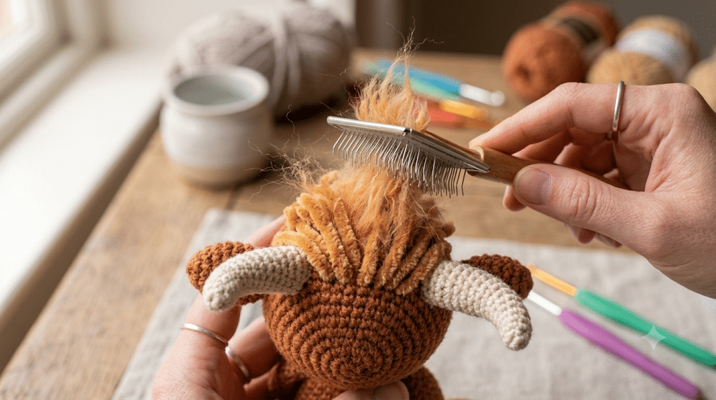 brushing fringe on highland cow amigurumi fur