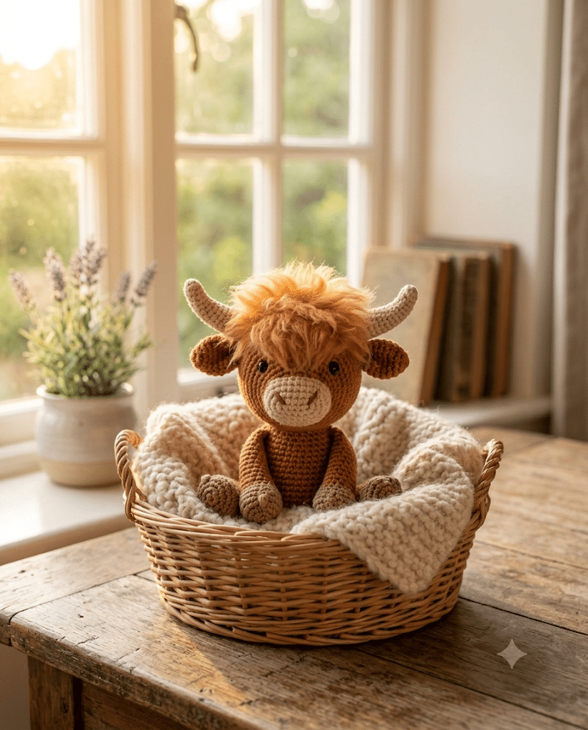 finished highland cow crochet pattern in basket