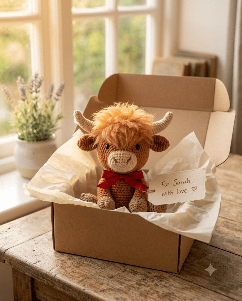 highland cow amigurumi gift with ribbon and box
