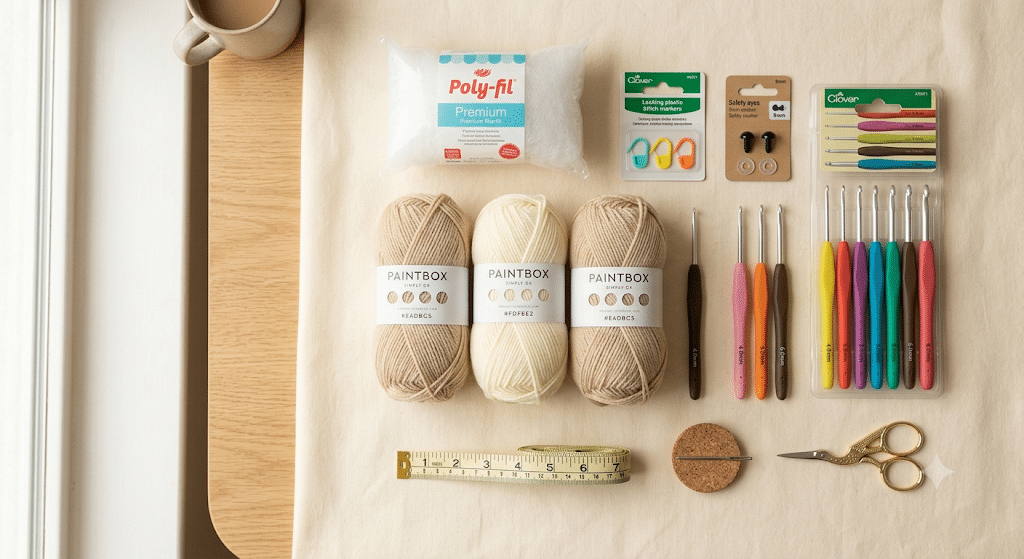 Crochet supplies for making a dog amigurumi including yarn hook stuffing and safety eyes.
