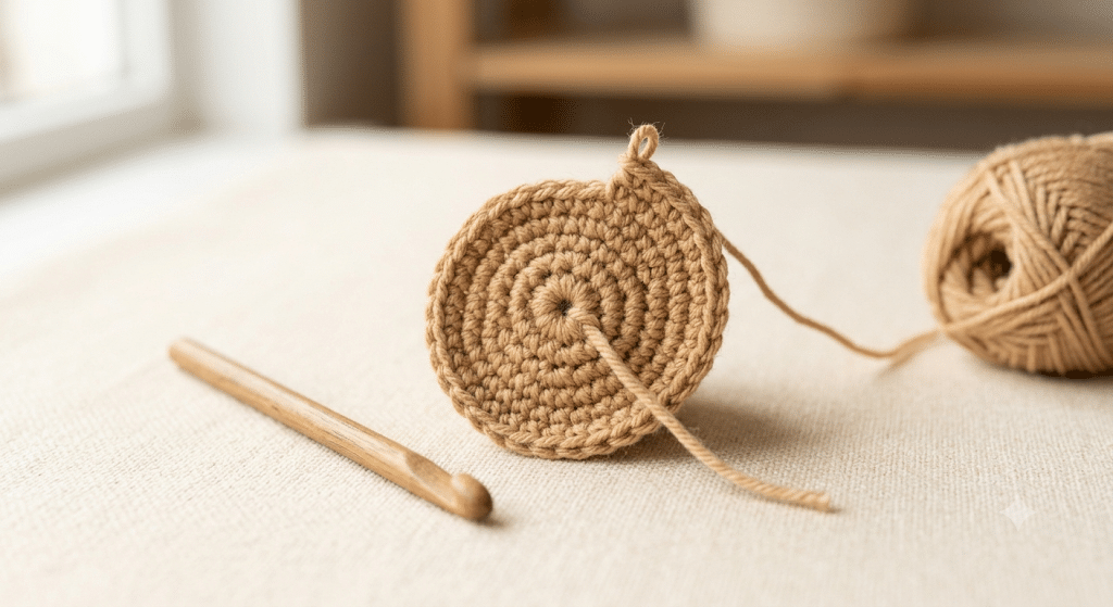 Beginning the crochet puppy head with a magic ring.