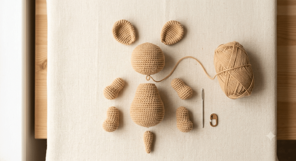 Assembling crochet puppy body and attaching legs.