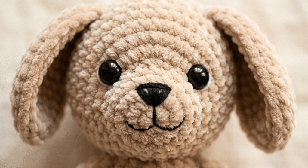 Cute crochet puppy face with embroidered nose and safety eyes.