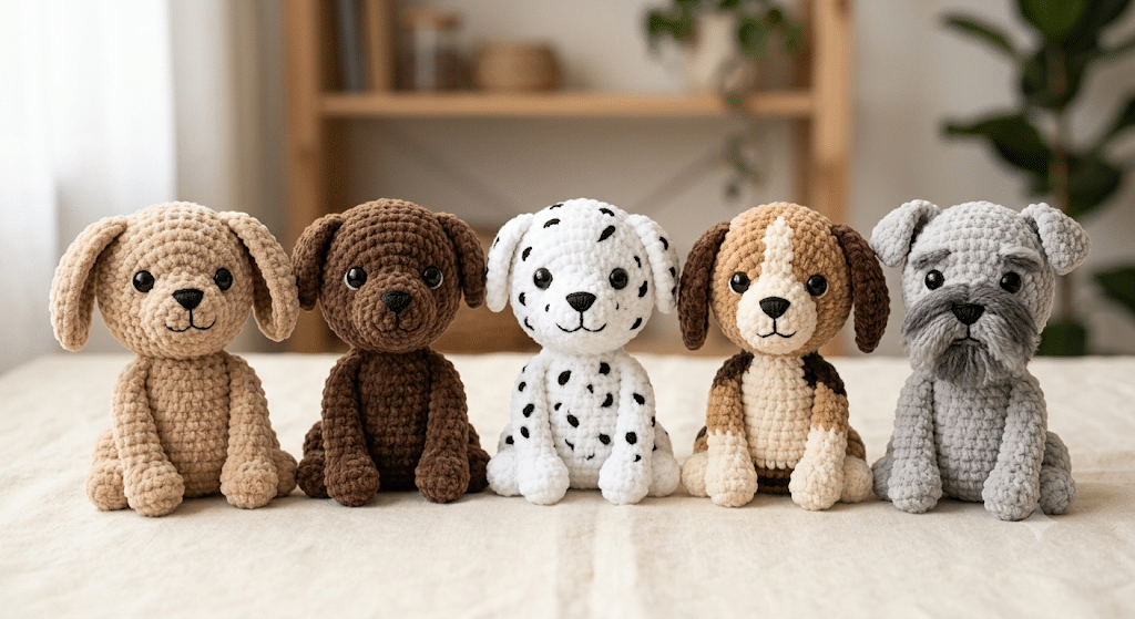 Different crochet dog color ideas for amigurumi puppies.