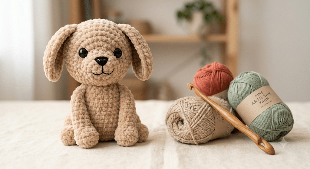 Finished crochet puppy sitting beside yarn and crochet hook.