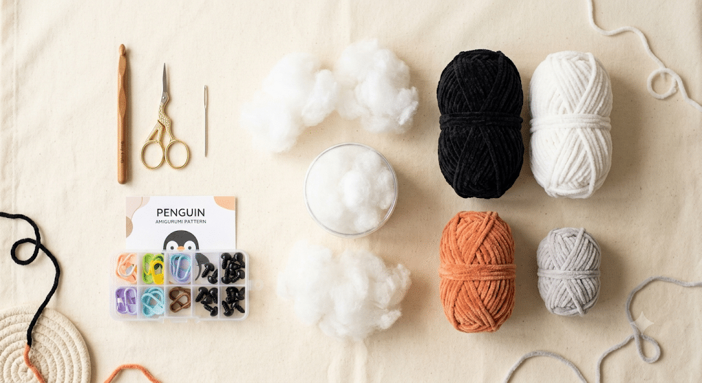Crochet supplies for an easy beginner penguin amigurumi pattern.