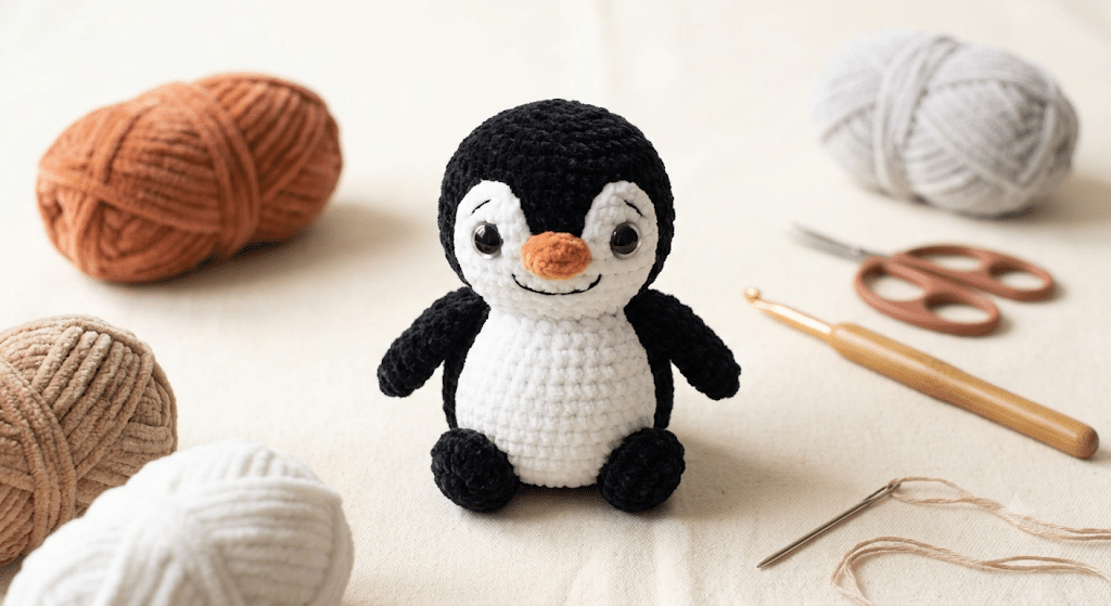 Crochet penguin facial features and amigurumi assembly details.