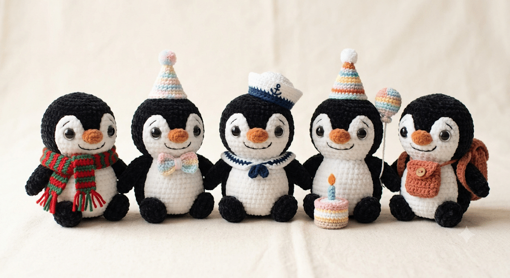 Creative crochet penguin pattern variations with different accessories.