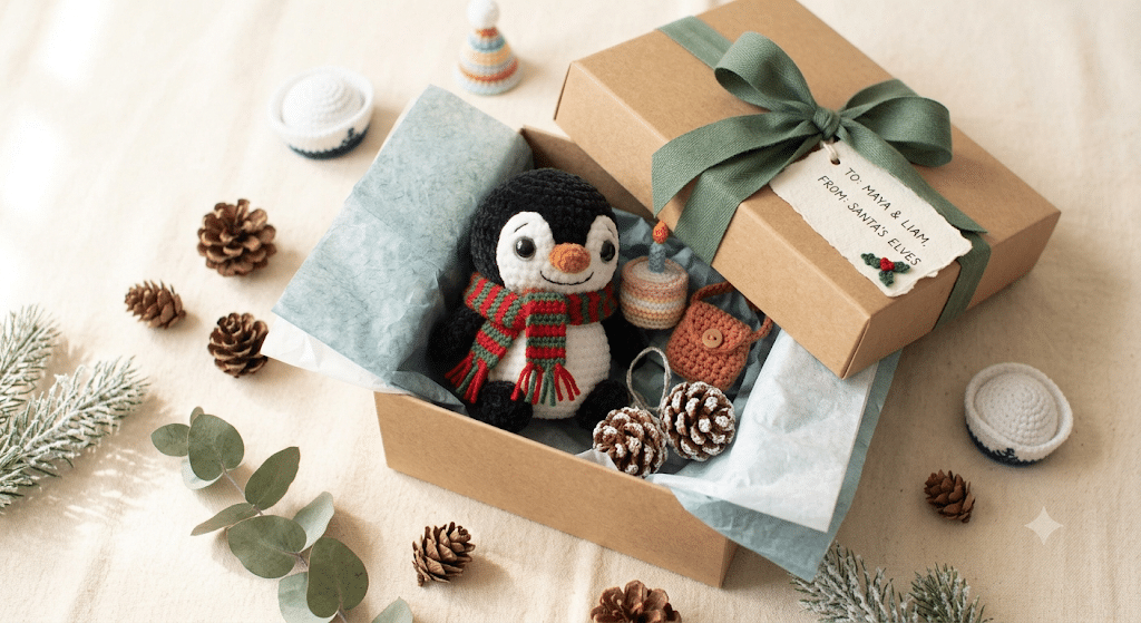 Handmade crochet penguin gift idea for Christmas and birthdays.