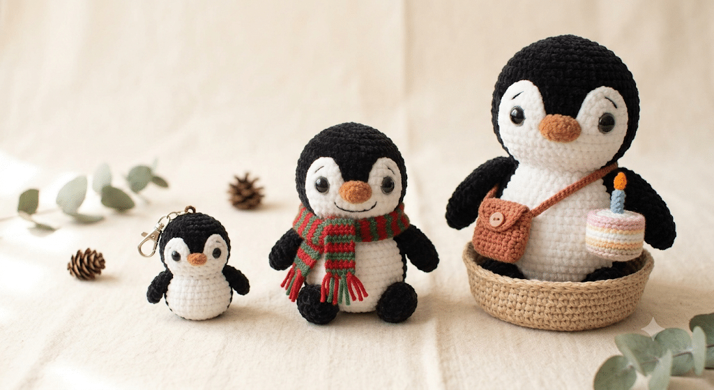 Crochet penguin pattern free in three different finished sizes.