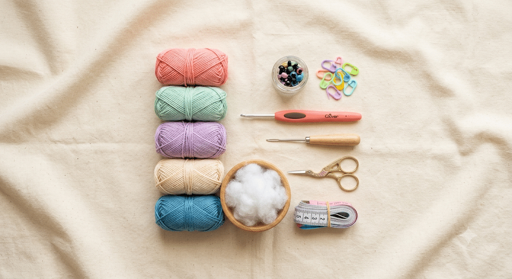 Crochet supplies for making an octopus amigurumi.