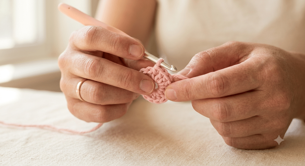 Beginning a crochet octopus pattern using a magic ring.