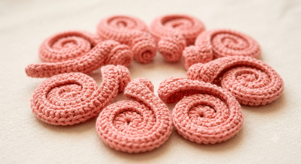 Curly crochet octopus tentacles made with spiral stitches.