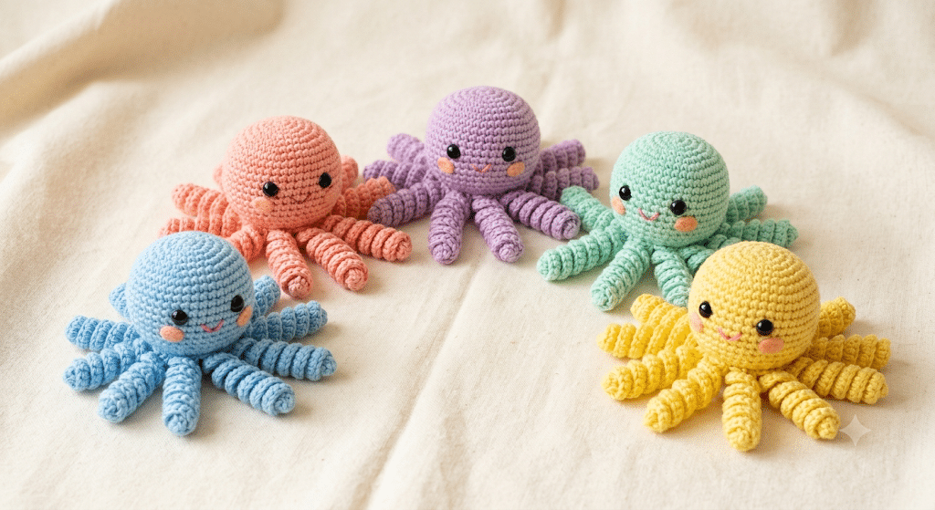 Colorful crochet octopus amigurumi collection.