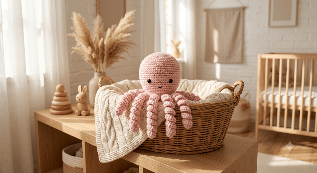 Crochet octopus plush displayed in a nursery.