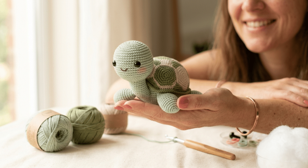 Beginner holding finished crochet turtle amigurumi