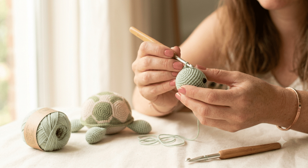 Crocheting a turtle amigurumi head step by step