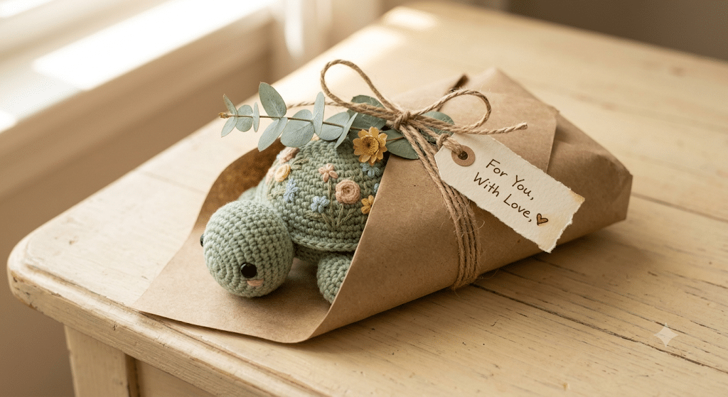 Handmade crochet turtle gift idea with amigurumi plush