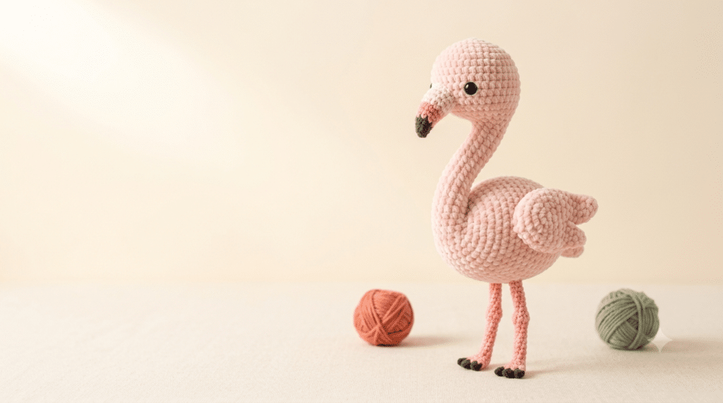 Finished pink crochet flamingo amigurumi on a warm cream background