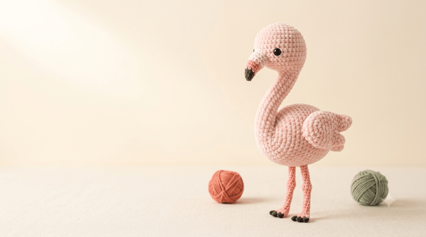 Finished pink crochet flamingo amigurumi on a warm cream background