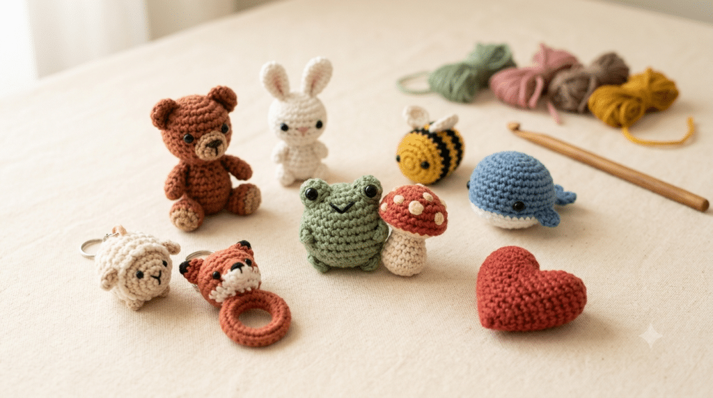 Quick crochet gifts including mini animals, mushrooms and keychains