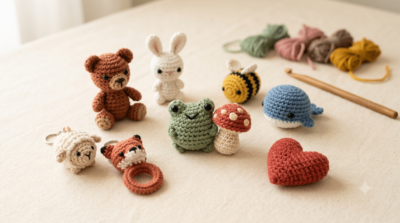Quick crochet gifts including mini animals, mushrooms and keychains