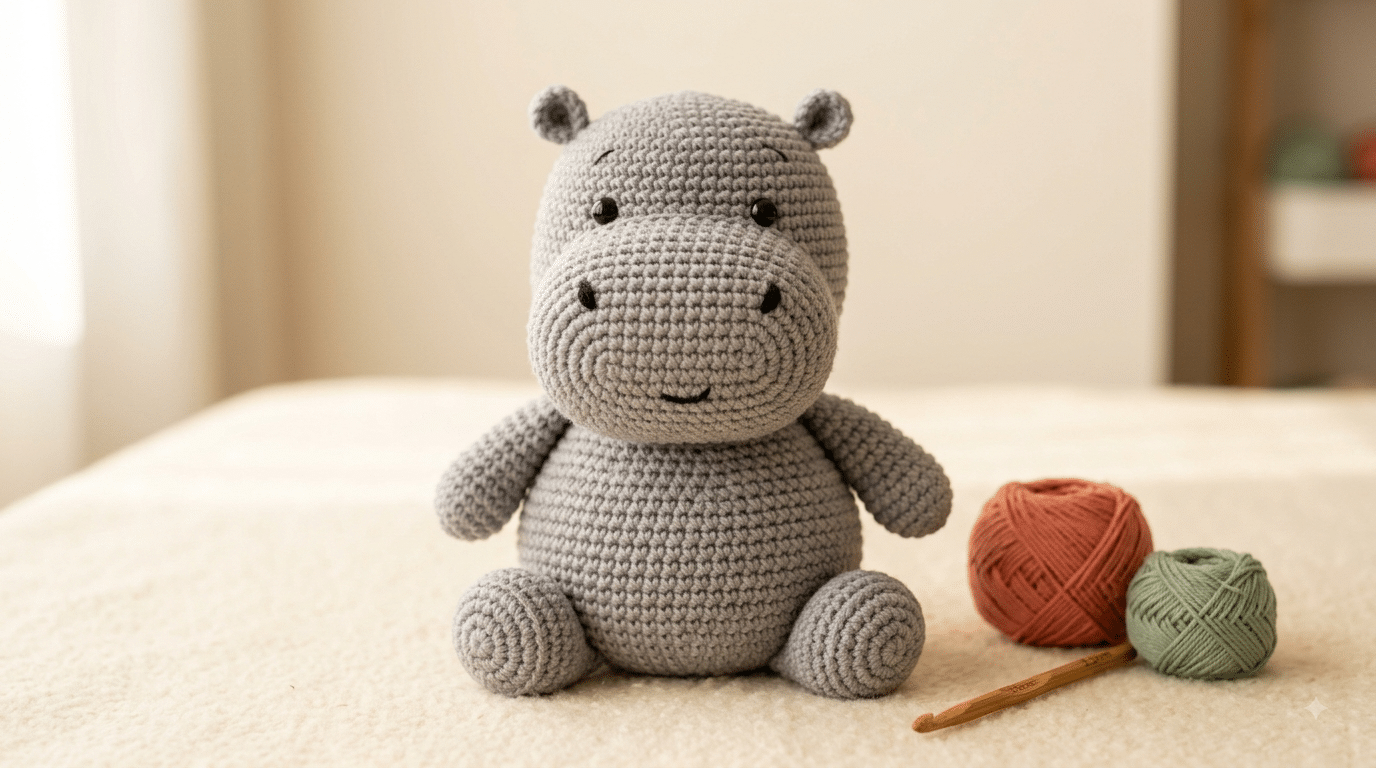 Chubby gray crochet hippo amigurumi with a round body and cute kawaii face