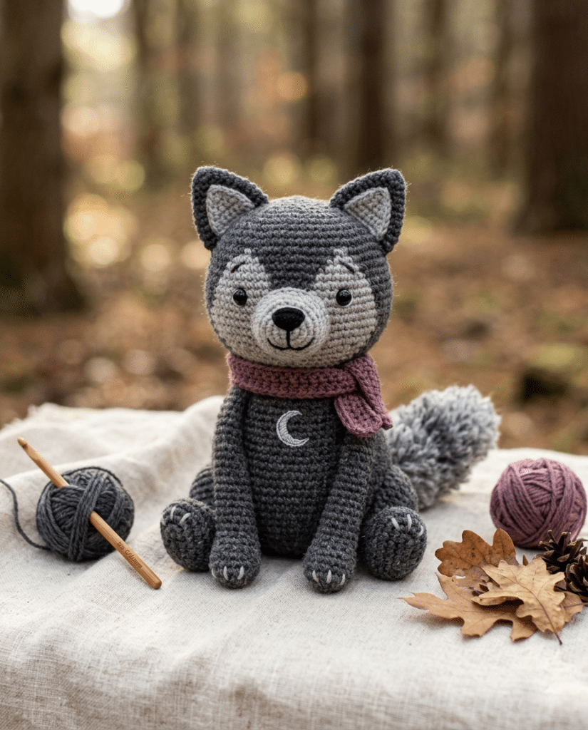 Crochet wolf pattern fantasy amigurumi with pointed ears and fluffy tail