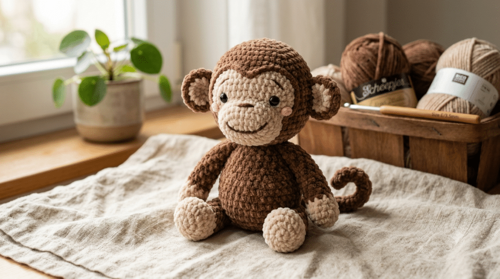 Free crochet monkey pattern featuring a cute brown amigurumi monkey made with soft chenille yarn