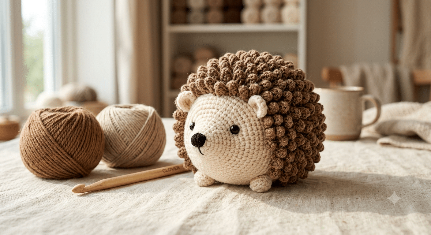 Crochet hedgehog pattern finished amigurumi on a warm cream background