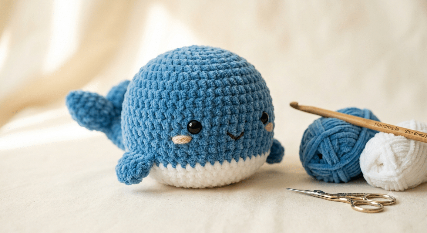 Cute crochet whale pattern made with soft blue chenille yarn for beginners