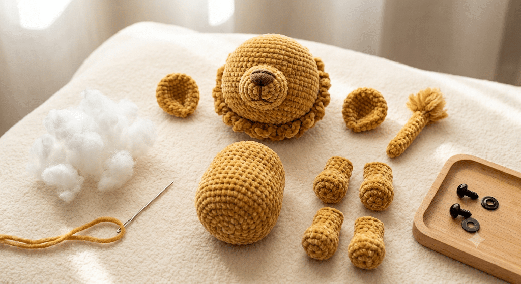 assembling crochet lion amigurumi