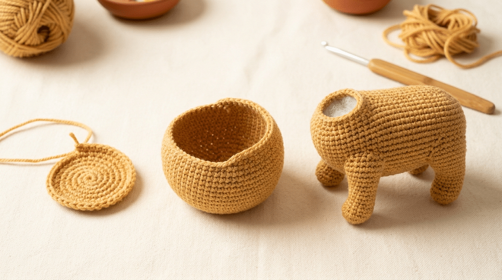 Crochet Golden Retriever body construction with realistic amigurumi stitches