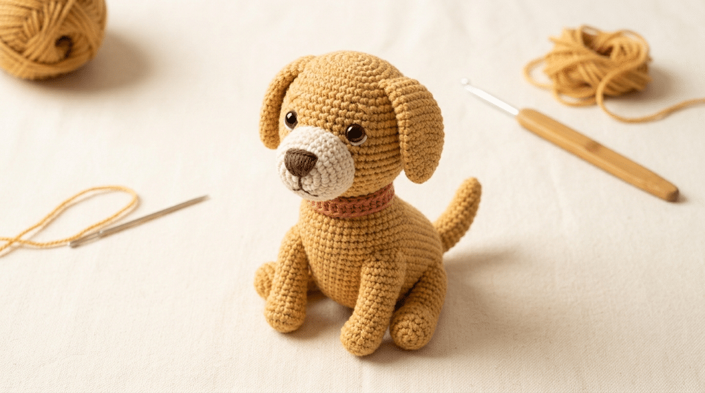 Finished crochet Golden Retriever amigurumi with handmade collar