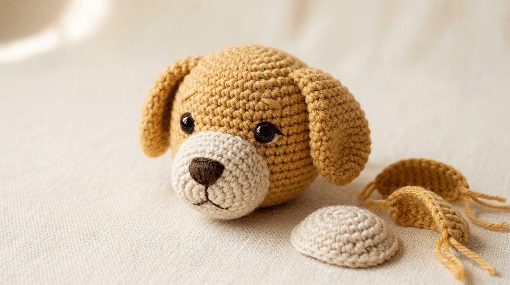 Crochet Golden Retriever face with cream muzzle and floppy ears