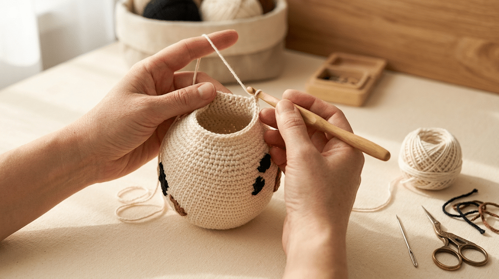 crocheting a rounded cow amigurumi body