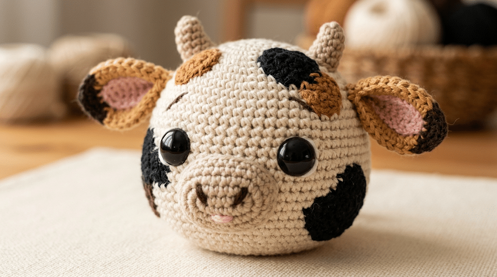 crochet cow amigurumi face with muzzle and horns