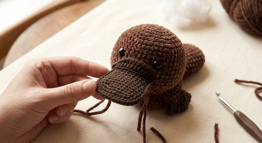 crochet platypus face with safety eyes and bill