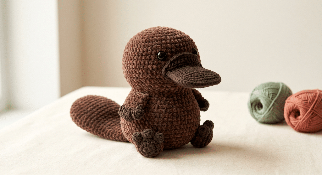 finished crochet platypus with feet and tail