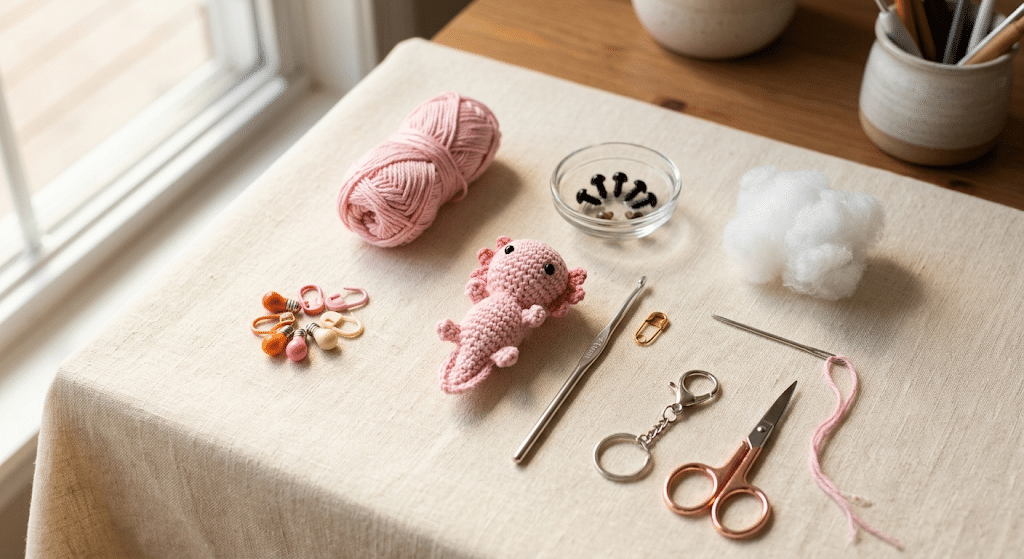 materials for a crochet axolotl keychain