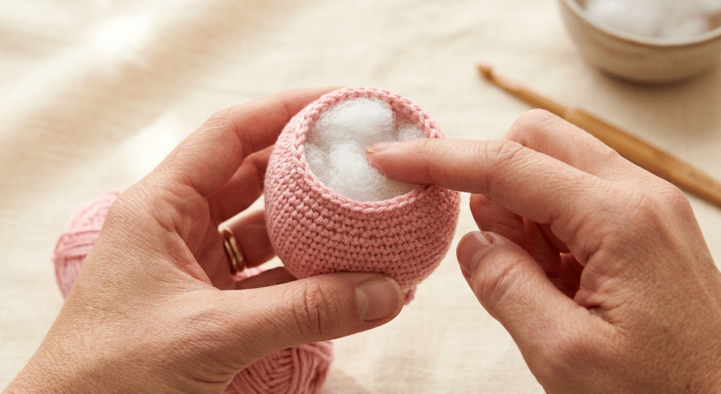 stuffing a miniature crochet axolotl