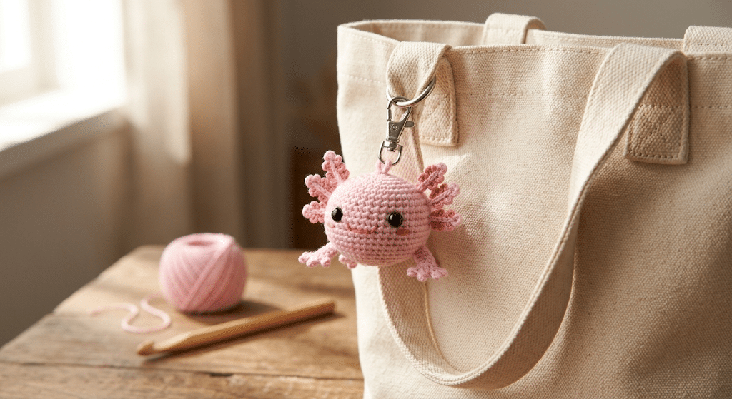 finished crochet axolotl bag charm